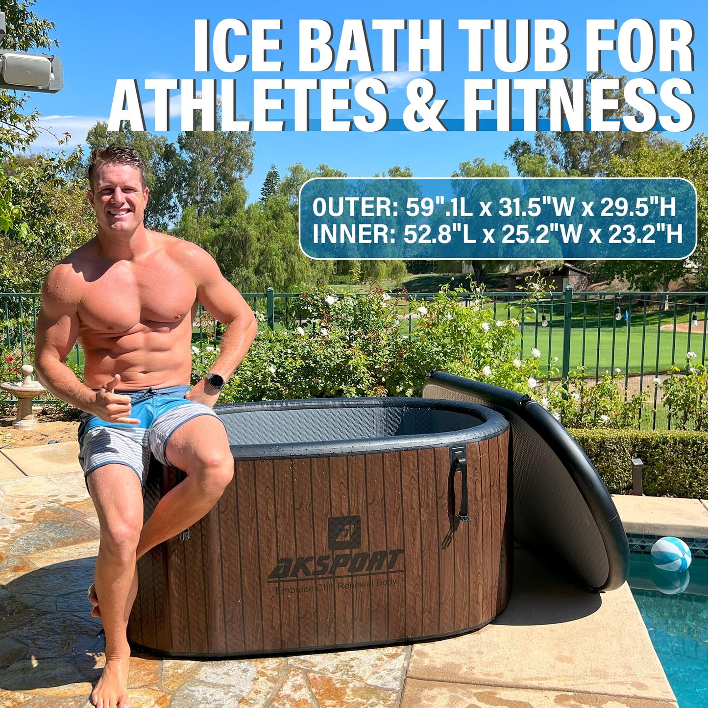 AKSPORT Ice Bath Tub for Athletes, 238 Gallons Inflatable Cold Plunge Tub Compatible with Water Chillers,Icebath for Recovery & Cold Water Therapy, Portable Bathtub for Indoor & Outdoor-Wood