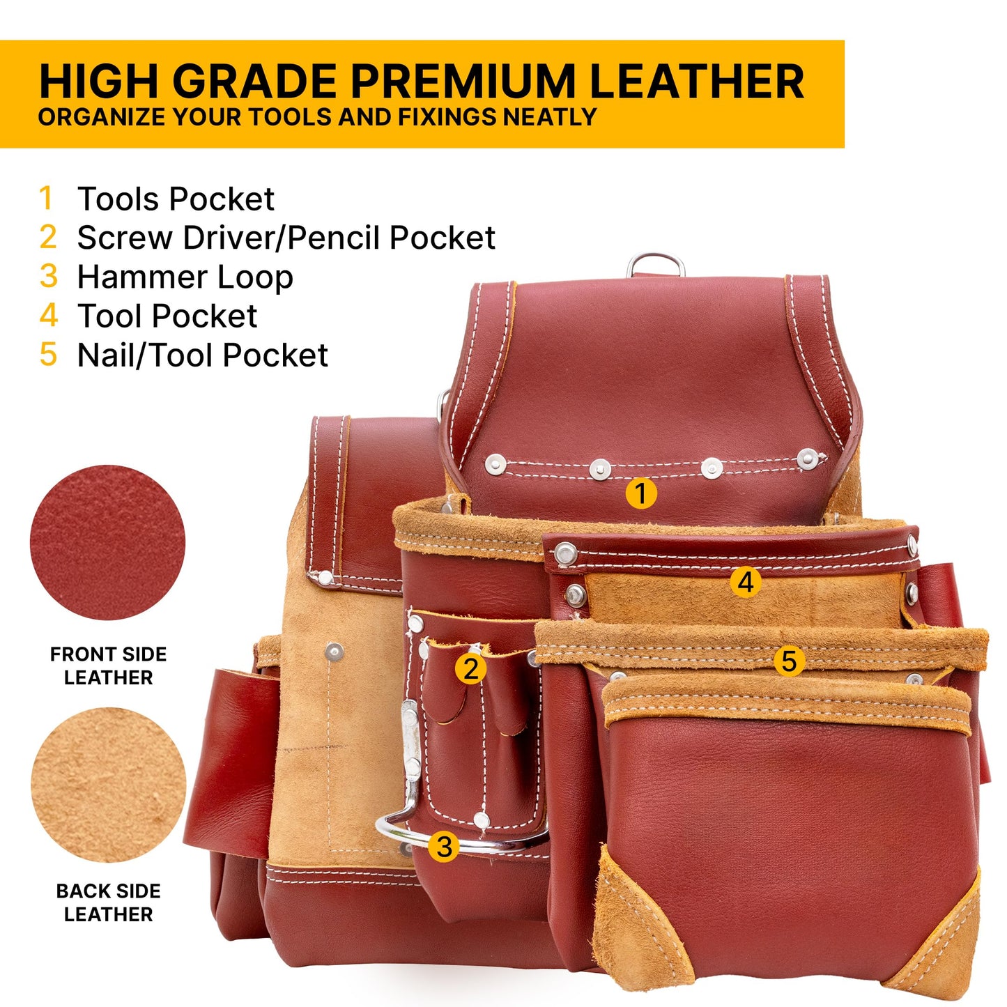 Grain Leather 18 Pockets, Leather Tool Belts for Men, Tool Pouch Rig Set, Tool Bags For Carpenters And Electricians, Construction Belt, Rig Set - Maroon