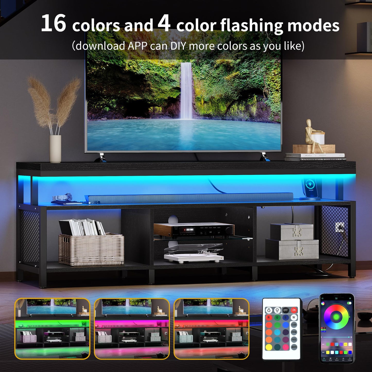 DWVO Living Room TV Stands for 70/65 inch TV LED Entertainment Center with Storage, Modern Television Stand, Industrial Media Console Cabinet with Power Outlets, Black