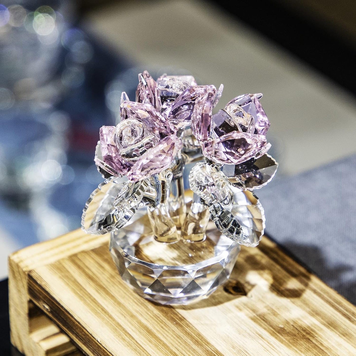 QFkris Pink Crystal Rose Bouquet - Elegant Glass Flower Figurine | 2.8" Home Decor Ornament for Women