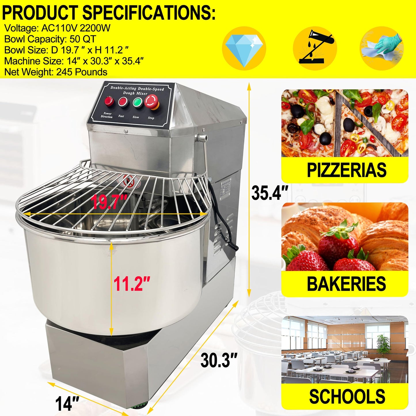 LGXEnzhuo 50L Commercial Dough Mixer with Dual Rotation and Double Speed, 110V 2200W Electric Dough Kneading Machine - Stainless Steel, Spiral Hook, Emergency Stop, for Pizze and Bread