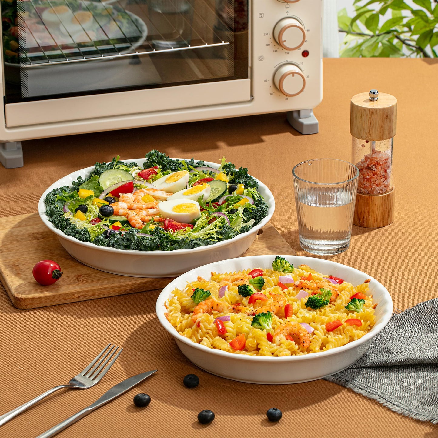 Brew To A Tea BTaT- Ceramic Pie Pan for Baking, 2 Pack, 10.5" & 9.5", Porcelain Ceramic Pie Plate for Salad, Pasta, Fruit and Tart, Freezer, Oven, Microwave and Dishwasher Safe