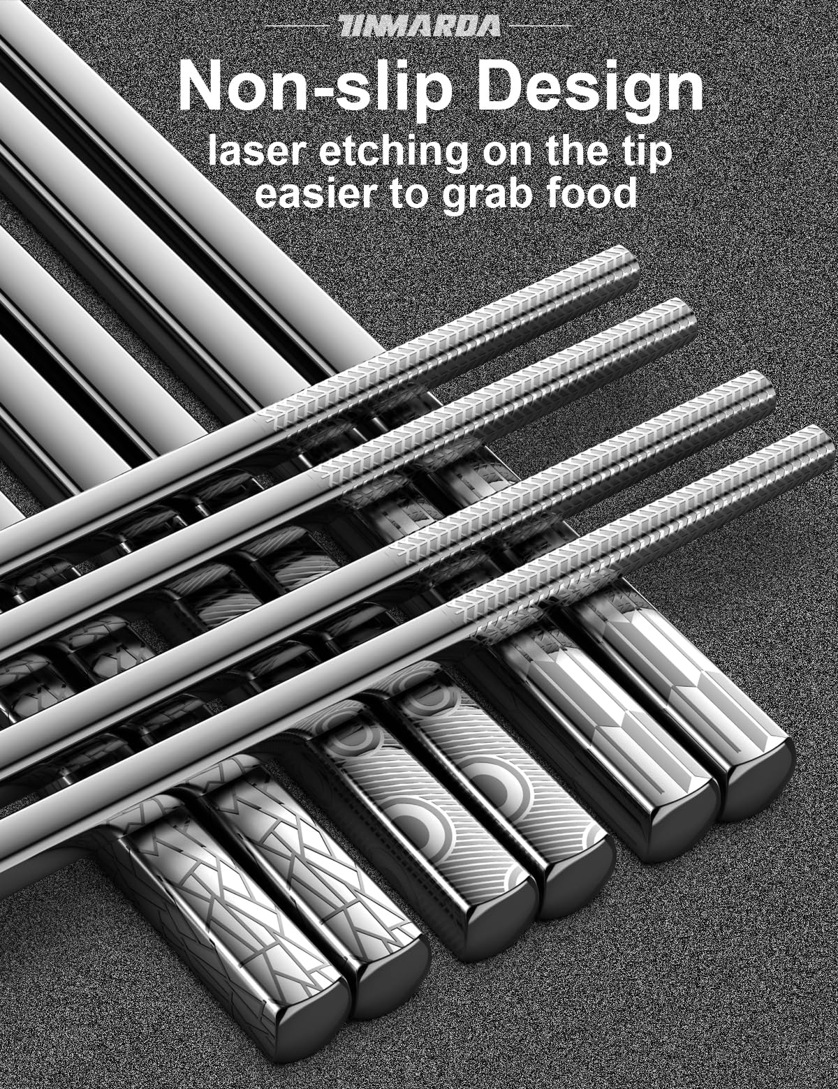 TINMARDA Metal Chopsticks Reusable 18/8 Stainless Steel Chopstick Sleek Engraving Patterns Chop Sticks Reusable Dishwasher Safe Non-Slip Japanese Korean ChopStick 5 Pairs Present Set