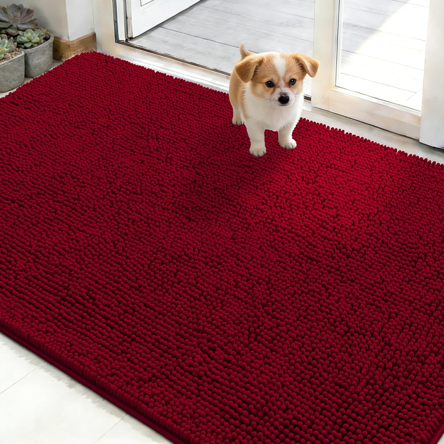 OLANLY Dog Door Mat - Absorbent Non-Slip Mud Mat for Indoor Use | Quick Dry Chenille, 50x30, Red