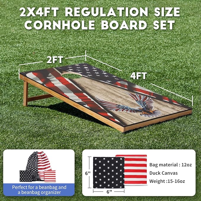 Cornhole Set, Corn Holes Outdoor Game, Regulation Cornhole Boards, Portable Cornhole Set, Classic American Flag Cornhole Set Includes 2 Boards, 8 Cornhole Beans Bags & Carry Case