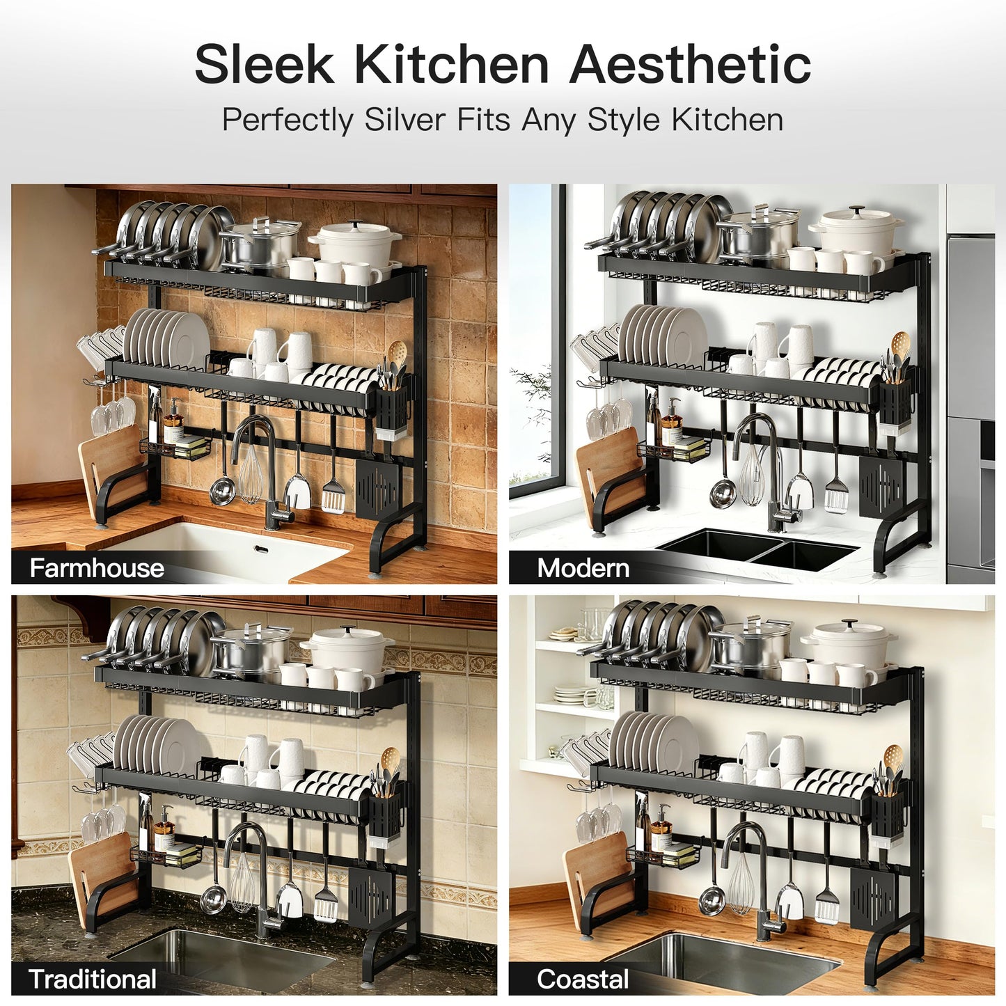 MAJALiS 3 Tier Extra Large Stainless Steel Expandable Over The Sink Dish Drainer Drying Rack, Rust Proof Metal, Space Saving, Modern Black Big Capacity Extendable Plate Strainers Above Counter