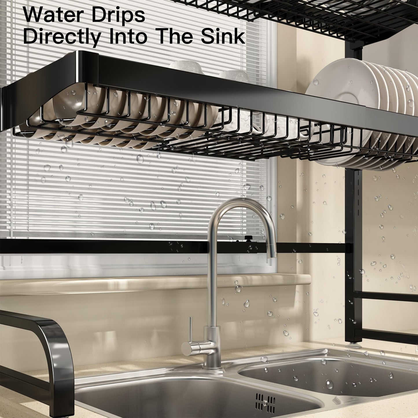 3 Tier Extra Large Stainless Steel Expandable Over The Sink Dish Drainer Drying Rack, Rust Proof Metal, Space Saving, Modern Black Big Capacity Extendable Plate Strainers Above Kitchen Counter