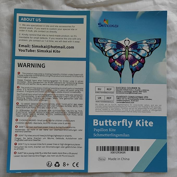 Simxkai Butterfly Kite for Kids & Adults, Easy to Fly Blue Big Kite for Beginners, Line Handle Included (1Pack 2Pack)