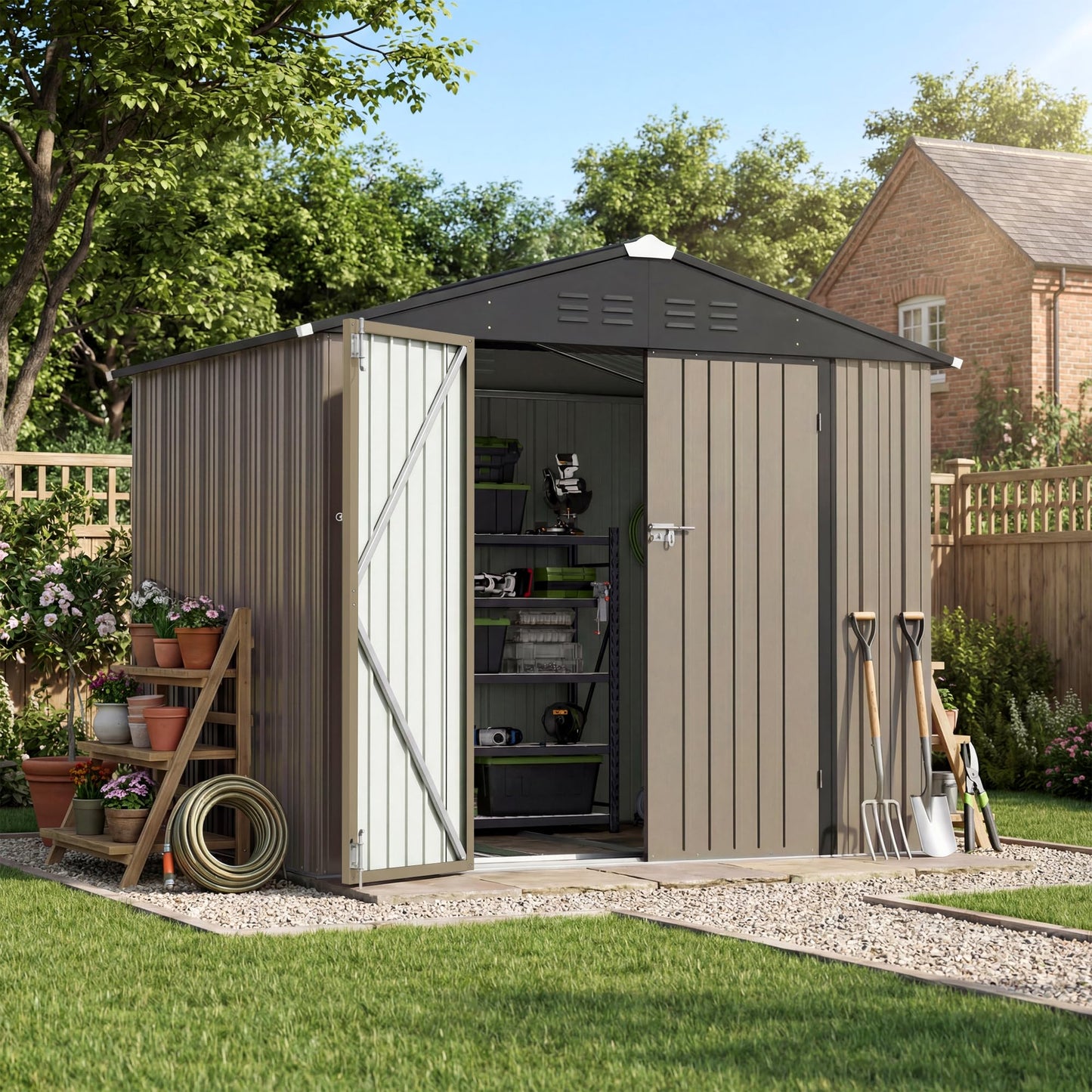 Patiowell 8x6 FT Outdoor Storage Shed with Floor Frame, Metal Garden Patio Sheds with Sloping Roof and Lockable Door, Waterproof Steel Tool Shed for Backyard Garden Lawn, Brown