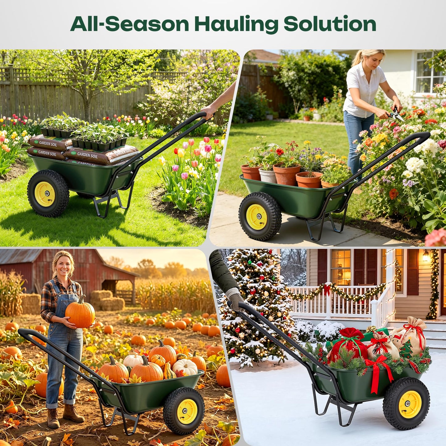 Autodaya 2 Wheel Wheelbarrow, Dual-Wheel Garden Dump Cart with 10" Non-Slip Pneumatic Tires & Ergonomic Padded Handle, Heavy-Duty Home Utility Yard Cart Wagon for Lawn, Farm, Porch, Gardening, Green