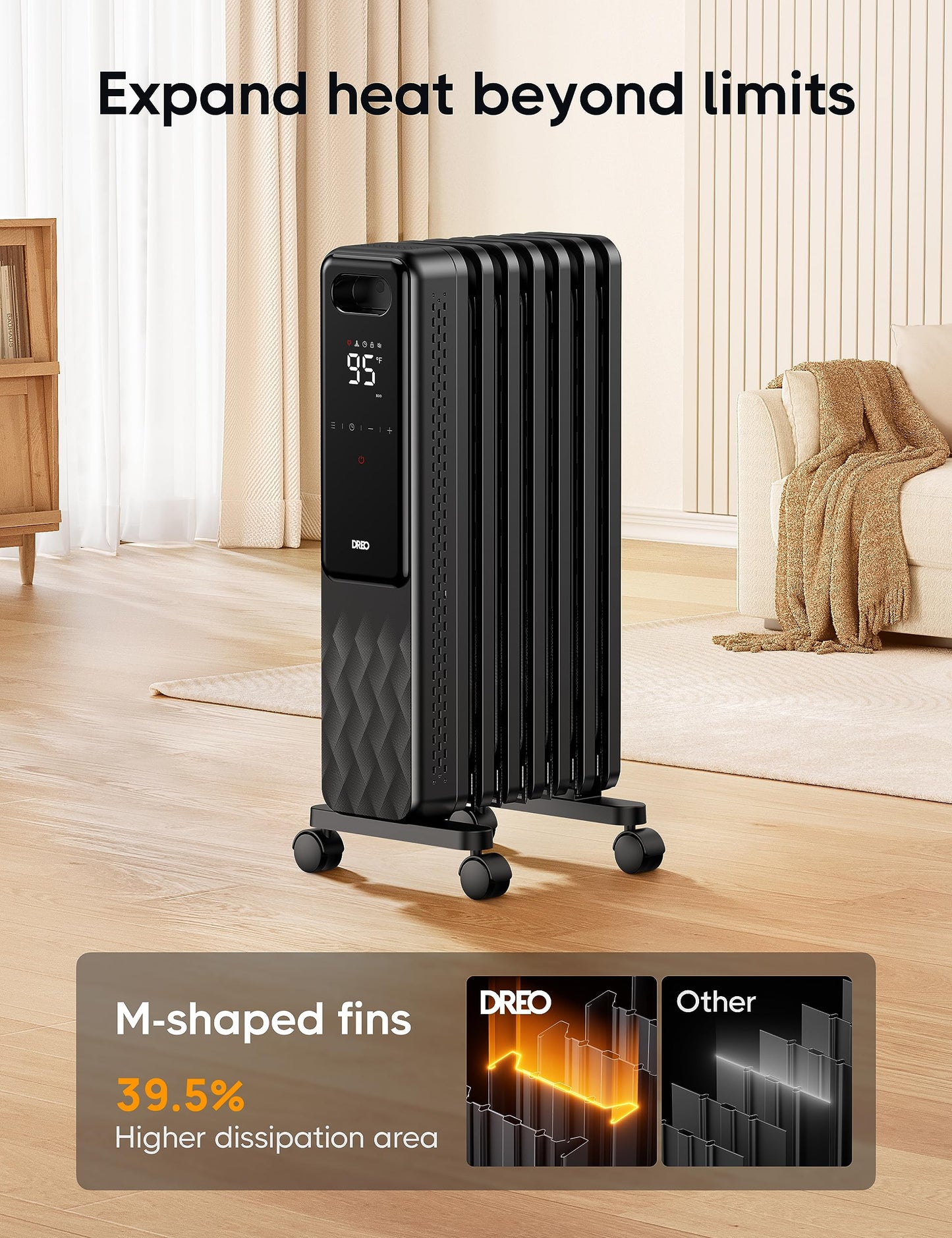 DREO Oil Filled Radiator, Electric Radiant Heaters for indoor use Large Room with Remote Control, Child Lock, 4 Modes, Overheat & Tip-Over Protection, 24h Timer, Digital Thermostat, Quiet, 1500W