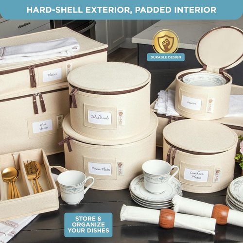 China Storage 12-Piece Hard Shell Container Set - Sturdy Dish Organizer for Dinnerware & Glasses - Beige
