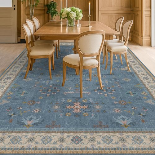 Hazo Haus Blue Area Rug - Dusty Blue 10x12 Washable Floral Design for Living Room & Bedroom