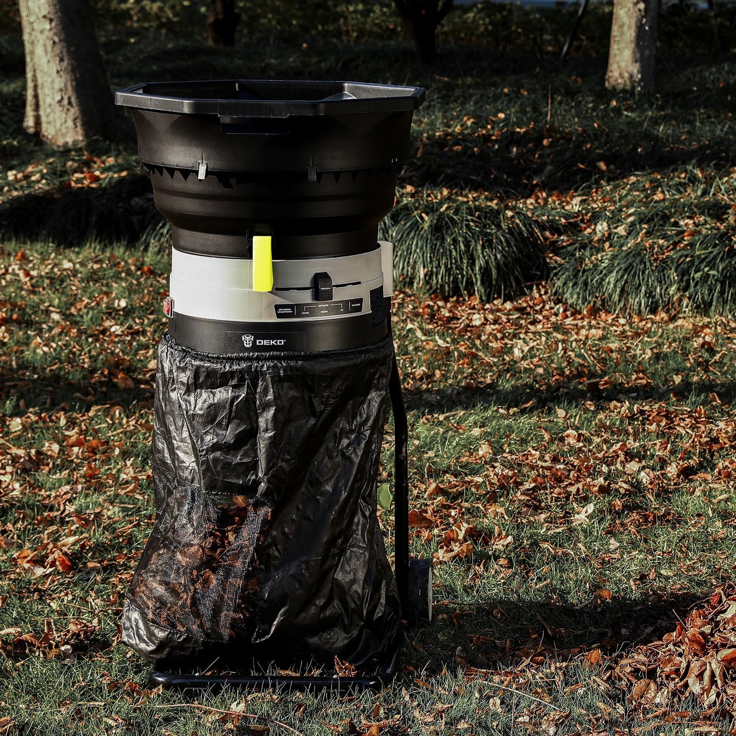 Electric Leaf Mulcher/Shredder: DEKOPRO 15-Amp 8200RPM Motor for 17:1 Reduction Ratio, Adjustable Control Dia with Leaf Scoops Spade, Collection Bag & 20 Cutting Lines