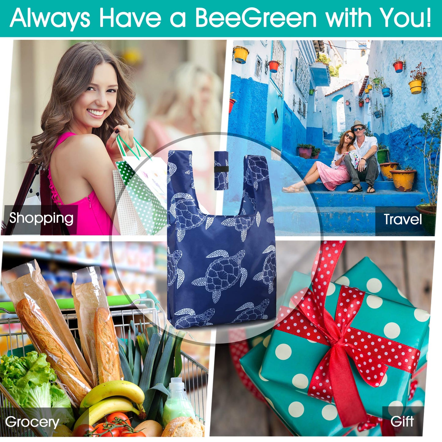 BeeGreen Reusable Grocery Bags Foldable 12 Pack Large Cute Totes - Heavy Duty Washable Holiday Cloth Gifts Bag with Handles, Reusable Gift Bulk Shopping Bags for Groceries for Women Animal Lover