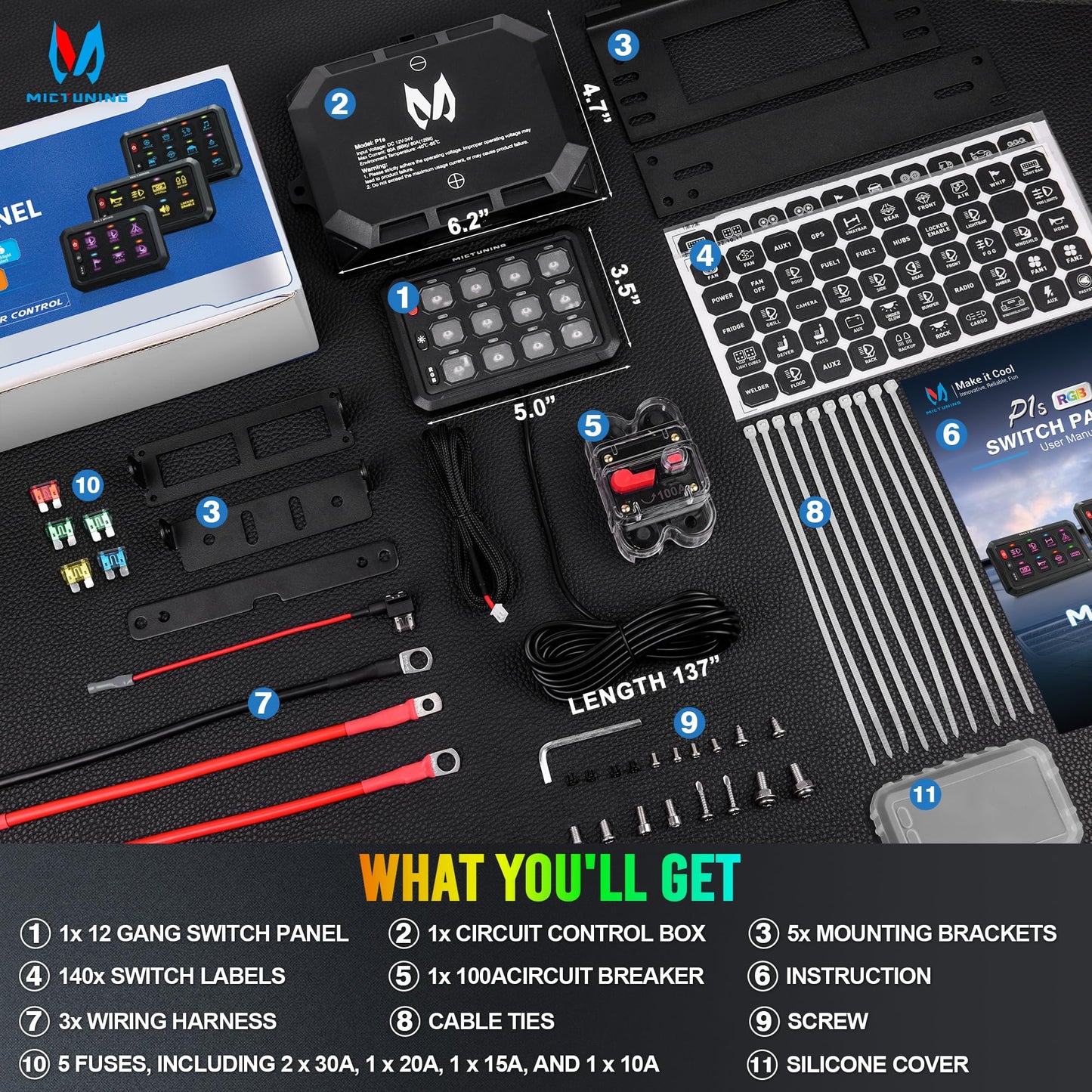 MICTUNING P1s RGB 5 Inch 12 Gang Switch Panel, High Power 6 Level Brightness Multifunction Toggle Switch Momentary Circuit Control Relay System Box for Truck RV Offroad Marine, w/Silicone Cover