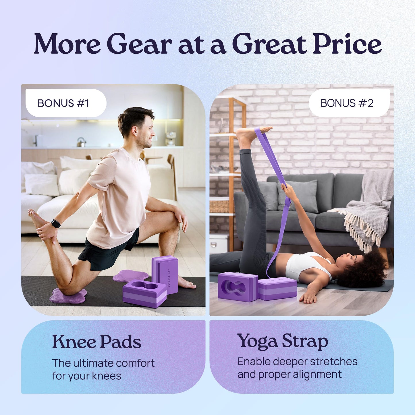 Deep-Zen® Yoga Blocks Wrist Support; Yoga Blocks 2 Pack with Knee Pads and Strap to Put Less Weight on Wrists; Durable, Versatile Yoga Brick Exercise Block Set, Blocks Yoga (Purple)