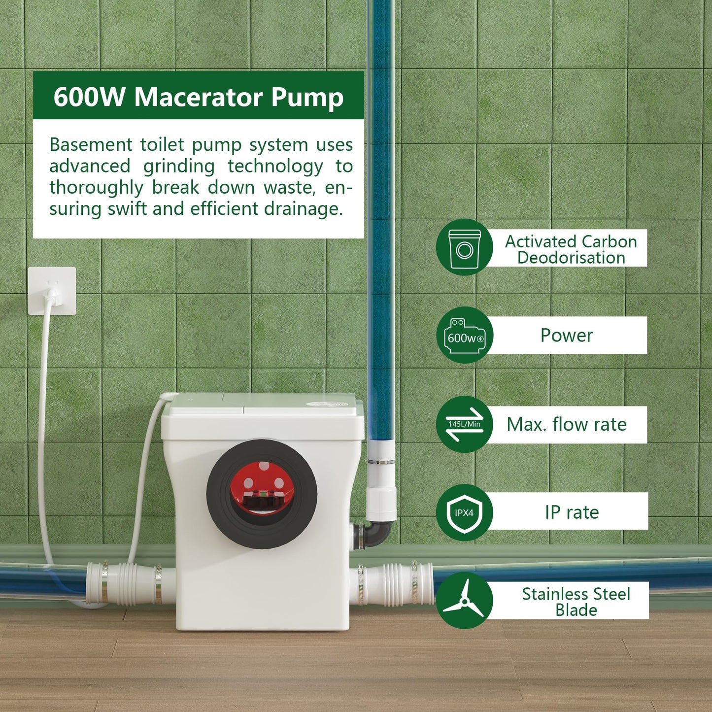 SUPERFLO 600W Macerating Toilet System, Upflush Toilets for Basement with One Piece Toilet Bowl & Soft Close Seat, Macerator Toilets Pump with 3 Inlets for Toilet, Sink & Shower