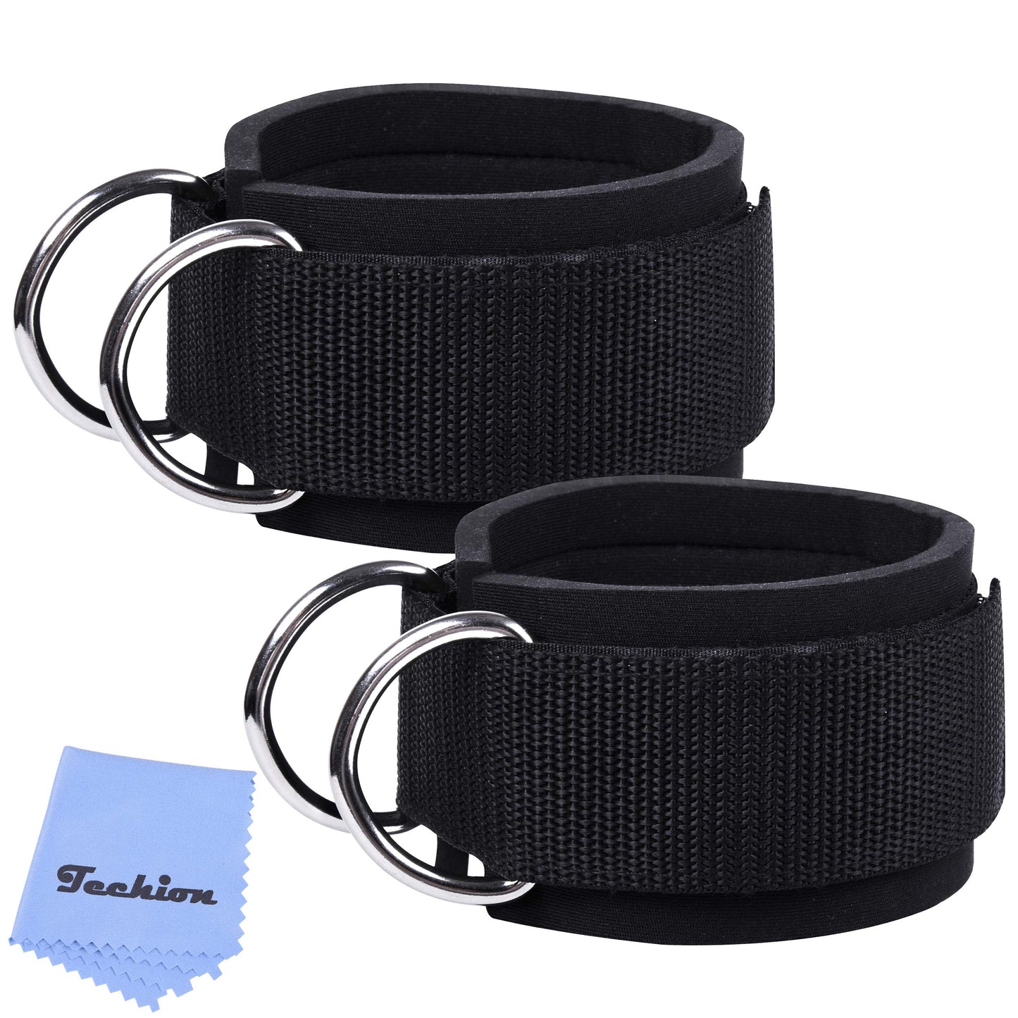 Techion 1 Pair of Fitness Ankle Straps for Cable Machine - Double D-Ring, Adjustable Comfort fit Neoprene - for Men and Women - Black