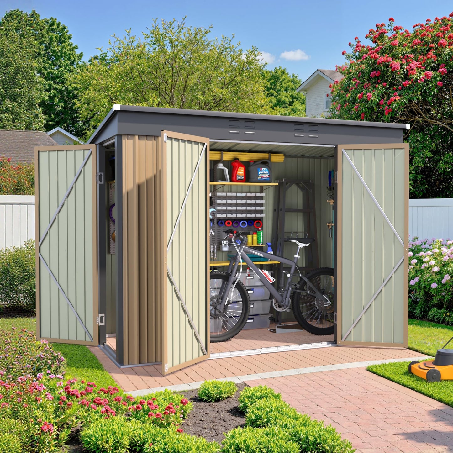 JUMMICO 8x4 FT Outdoor Storage Shed, Heavy Duty Tool Metal Sheds with 3 Lockable Doors and Updated Frame Structure for Backyard Patio Lawn, Brown