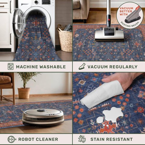 Hazo Haus Area Rug - 7x9 Washable Dining Room Rug | Low Pile Non-Slip Design in Navy Blue Vintage Boho