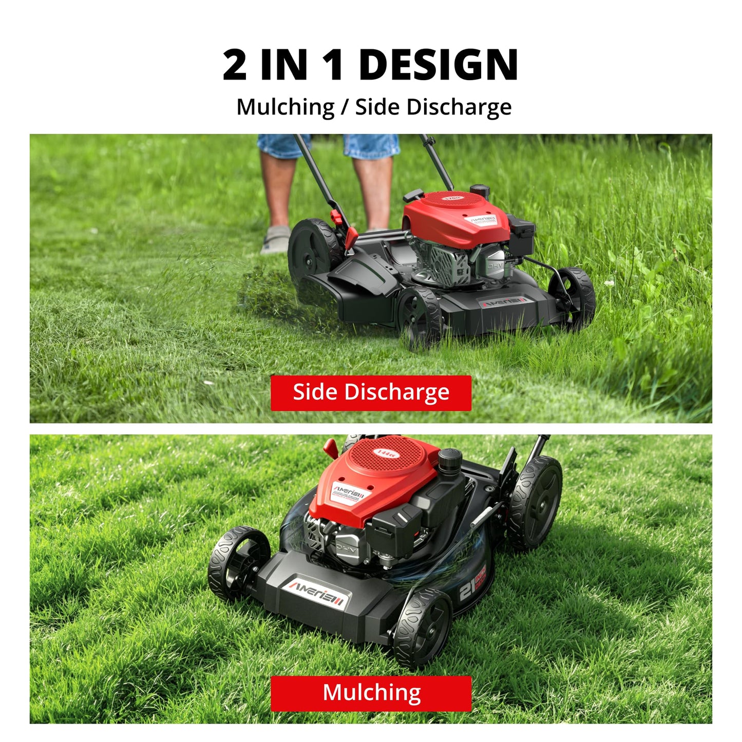 AMERISUN 21 Inch Gas Push Lawn Mower, 2-in-1 Mulching & Side Discharge, 144cc 4-Stroke OHV Engine, 6-Position Height Adjustment, Lightweight Push Mower for Small to Medium Yards