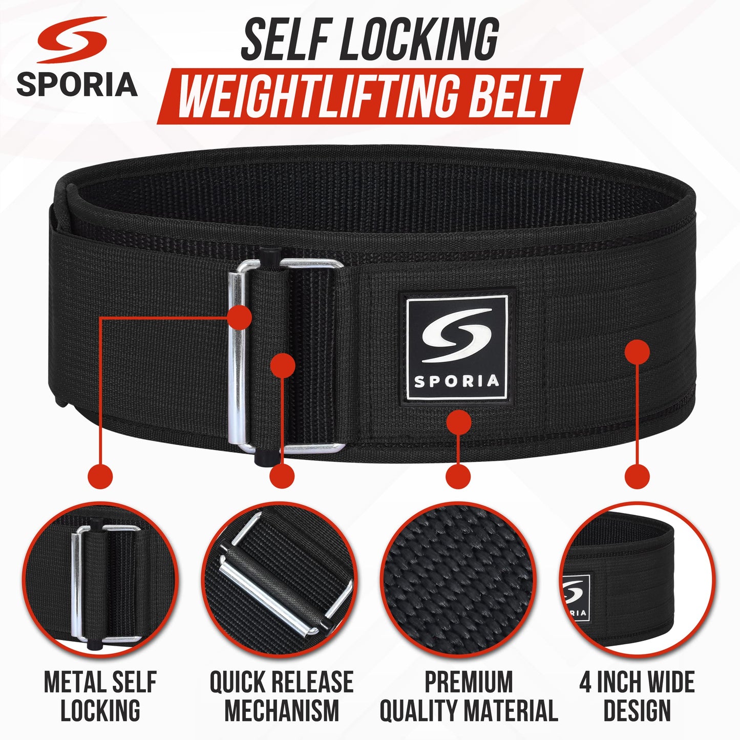 SPORIA Self-Locking Weight Lifting Belt for Men & Women | Lifting Straps Included | Adjustable Weightlifting belt Gym Belt | 4 inch Back Support Powerlifting Belt | Workout Belt | Olympic Weight Belt