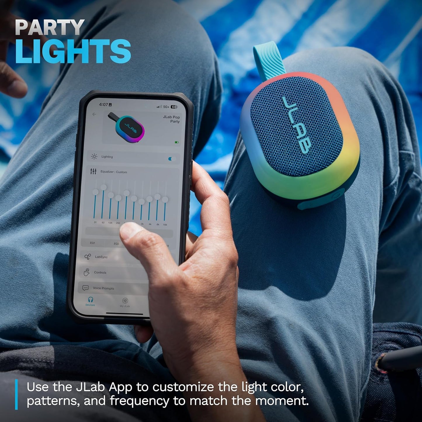 JLab 8+ IP55 100 Pop Party Portable Bluetooth Speaker, Navy, Hours of Playtime, Waterproofing, Detachable Loop Handle