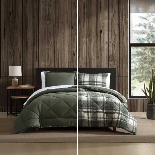 Eddie Bauer - Queen Comforter Set, Microsuede Bedding with Soft Plush Faux Shearling Reverse, 3 Piece Bed Set with Matching Pillowcases (Big Lake Plaid Green)