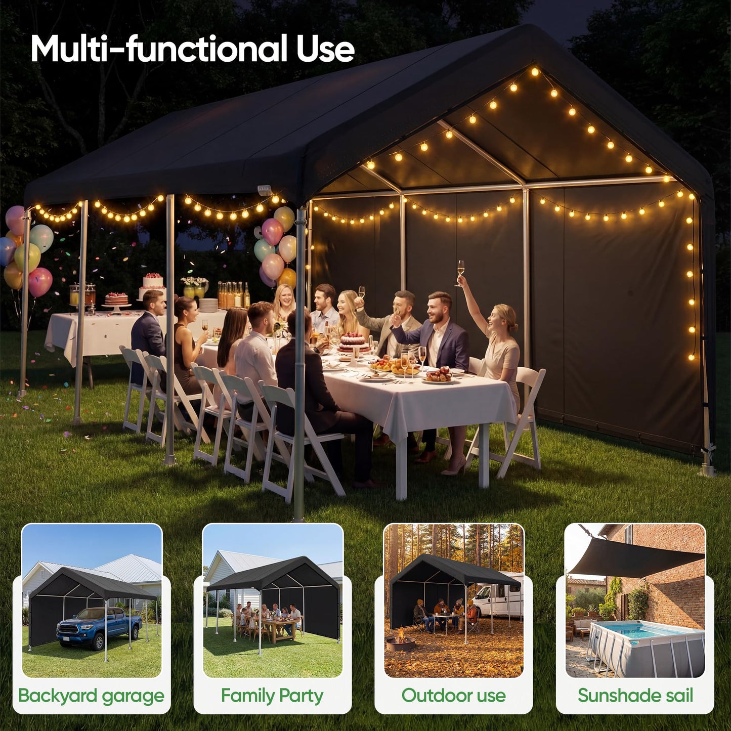 SIHAIAN 10 x 20 Ft Carport Replacement Canopy Cover with Sidewall(No Frame) Easy to Set up Carport Canopy, 500D Heavy-Duty Garage Top Tent Tarp Waterproof and UV Protected (Only Canopy Cover) Black