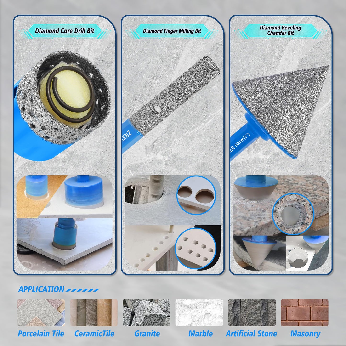 Tile Hole Saw Kit - ZNXIMER Diamond Hole Saw Kit for Tiles, Ceramic, Granite, Marble, Glass, Gypsum and More Drilling - 16pcs Tile Drill bit (6/8/10/12/20/25/28/32/35/38/45/50/65MM/2/6/10MM)