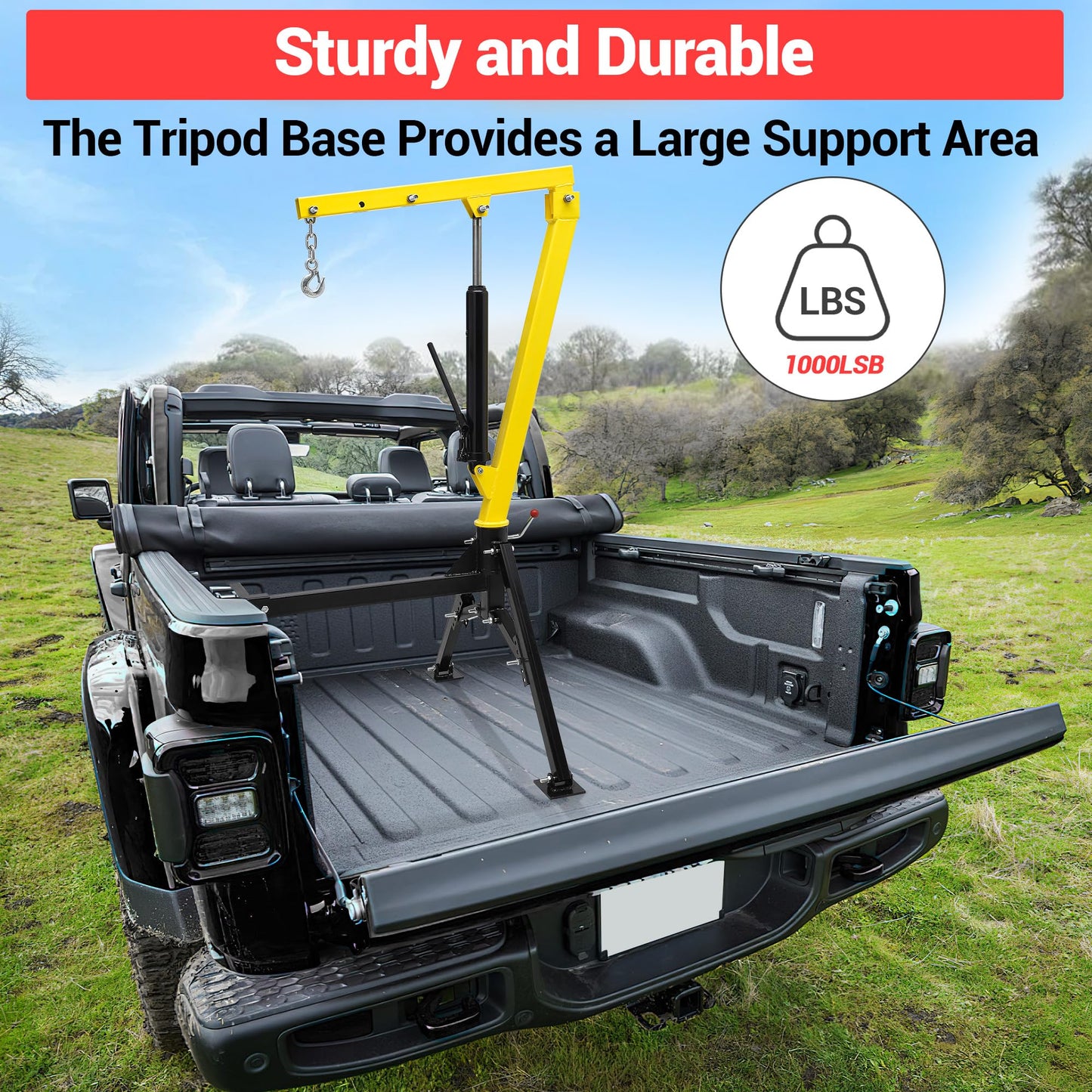 SierraSquad 1100 Lb Electric Truck Crane with 3500 Lb Winch, 360° Swivel Folding Jib Boom, Adjustable Height/Length for Pickup Mounting – Construction, Farming, Industrial Lifting