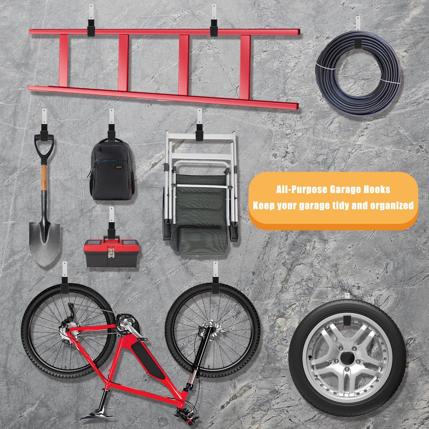 Juformin Heavy Duty Utility Hooks - Wall Mount, Hooks for Garage, Hose, Bike, Ladder, Leaf Blower Hanger (6 Medium)