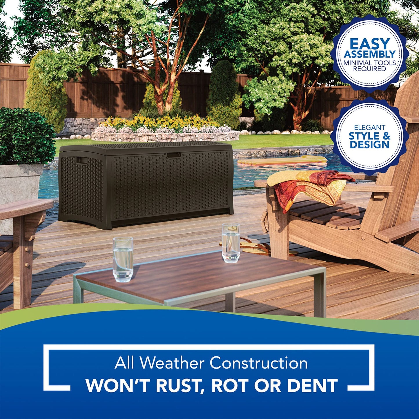 Suncast Outdoor Storage Box - 73 Gallon Mocha Brown Deck Box for Patio, weather-resistant Outdoor Storage Bench, Resin Wicker Style, Heavy-Duty, Lockable Lid for Cushions, Shoes, Pool & Garden Gear