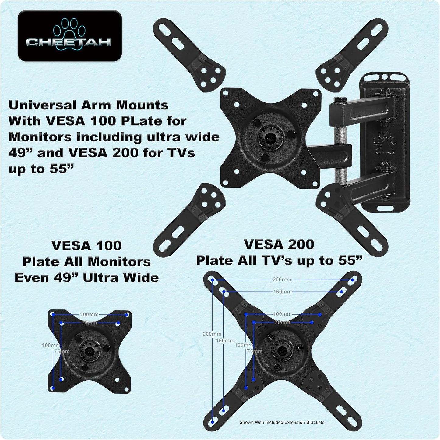 Cheetah 12-55 Inch 40lbs 200x200mm, 10ft 15" TV Monitor Wall Mount for TVs up to VESA with HDMI Cable, TouchAdjust