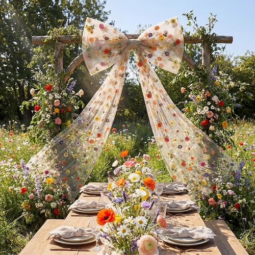 Canlierr Extra Large Floral Tulle Bow Decorations - 39 x 59 Inch Champagne Organza Bow with Long Ribbon Tails for Spring Wedding Backdrop & Room Decor