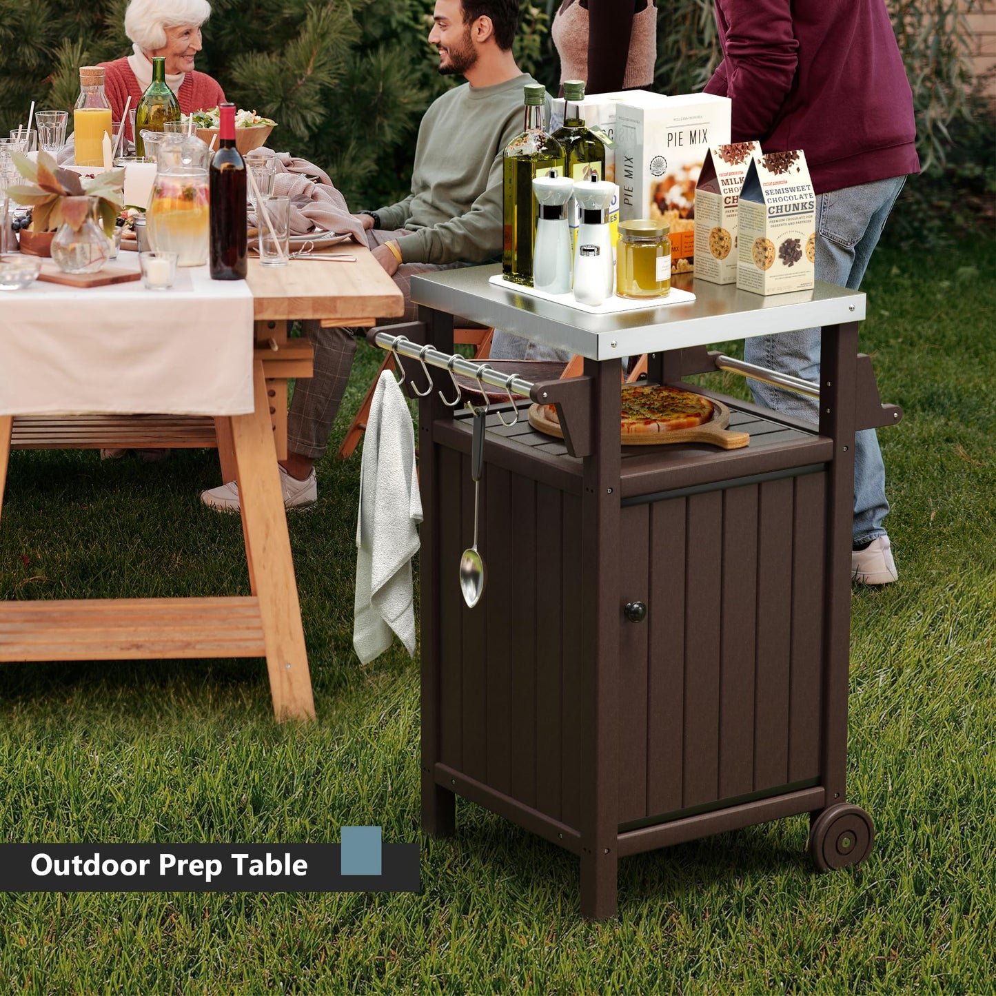 KORVOS Kitchen Portable Outdoor Grill Cart, Patio Movable Bar Cart with 304 Stainless Steel Top&HDPE Frame, BBQ Table for Indoor,Outdoor&All Weather Use, Brown