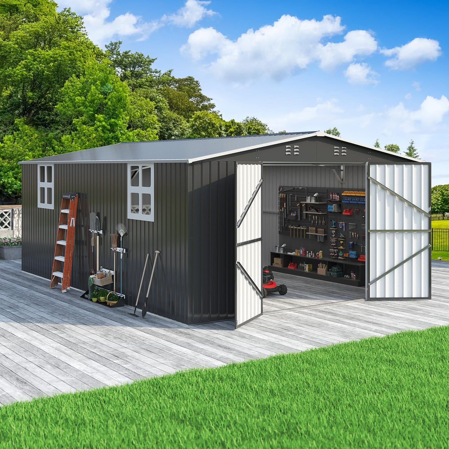 Polar Aurora 12x18 FT Outdoor Storage Shed, Garden Shed with Window, Updated Frame Structure and Lockable Doors, Metal Tool Sheds for Backyard Garden Patio Lawn, Black