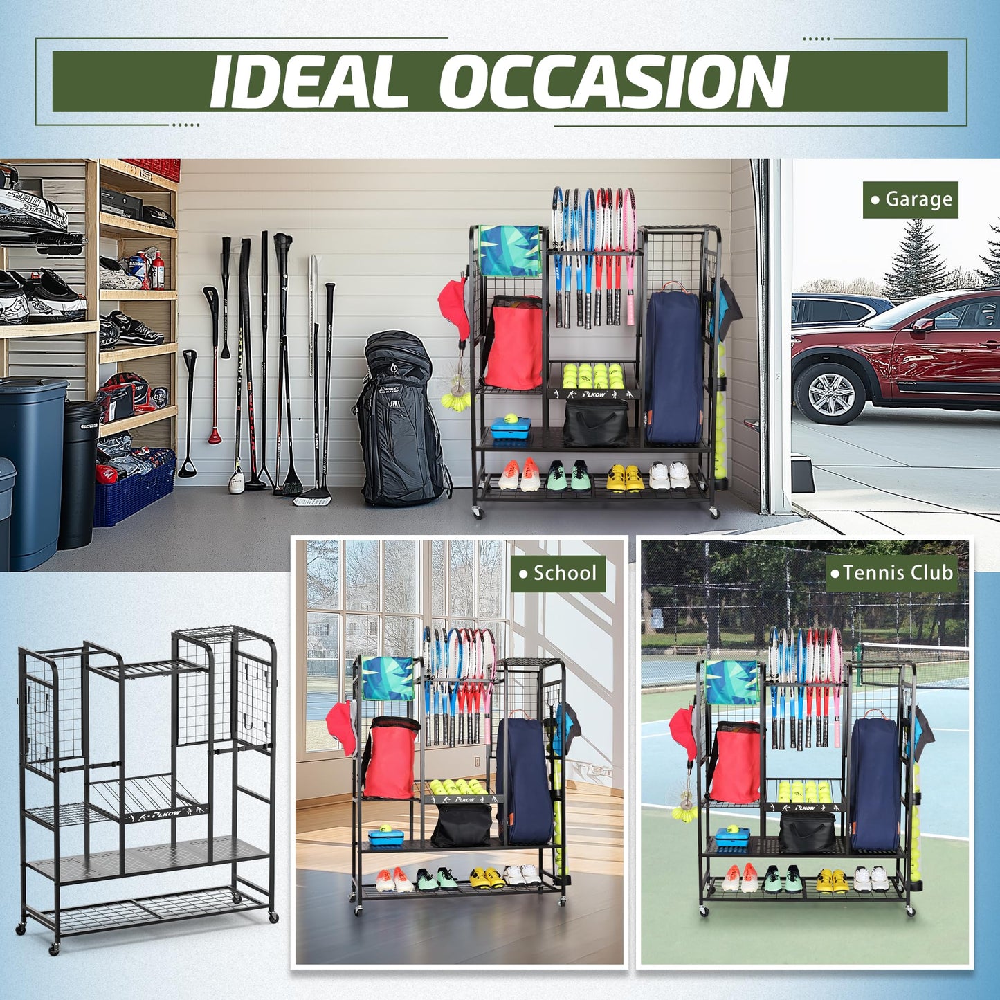 PLKOW Tennis Bag Organizer Tennis Racket Storage Rack, Extra Large Tennis Equipment Holder for Bags, Balls, Racquet & Accessories, Heavy-Duty Gear Organizer for Garage, Club, or School