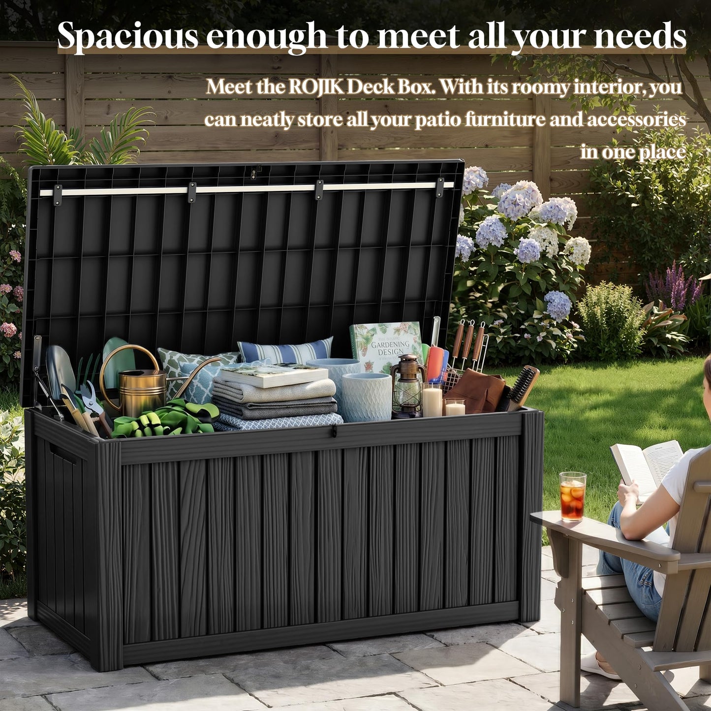 ROJIK 150 Gallon Outdoor Storage Box Waterproof,Weatherproof Deck Boxes Outdoor Lockable,Resin Outside Storage Box for Garden Tools,Cushions,Pool Accessories(Black,150 Gal)