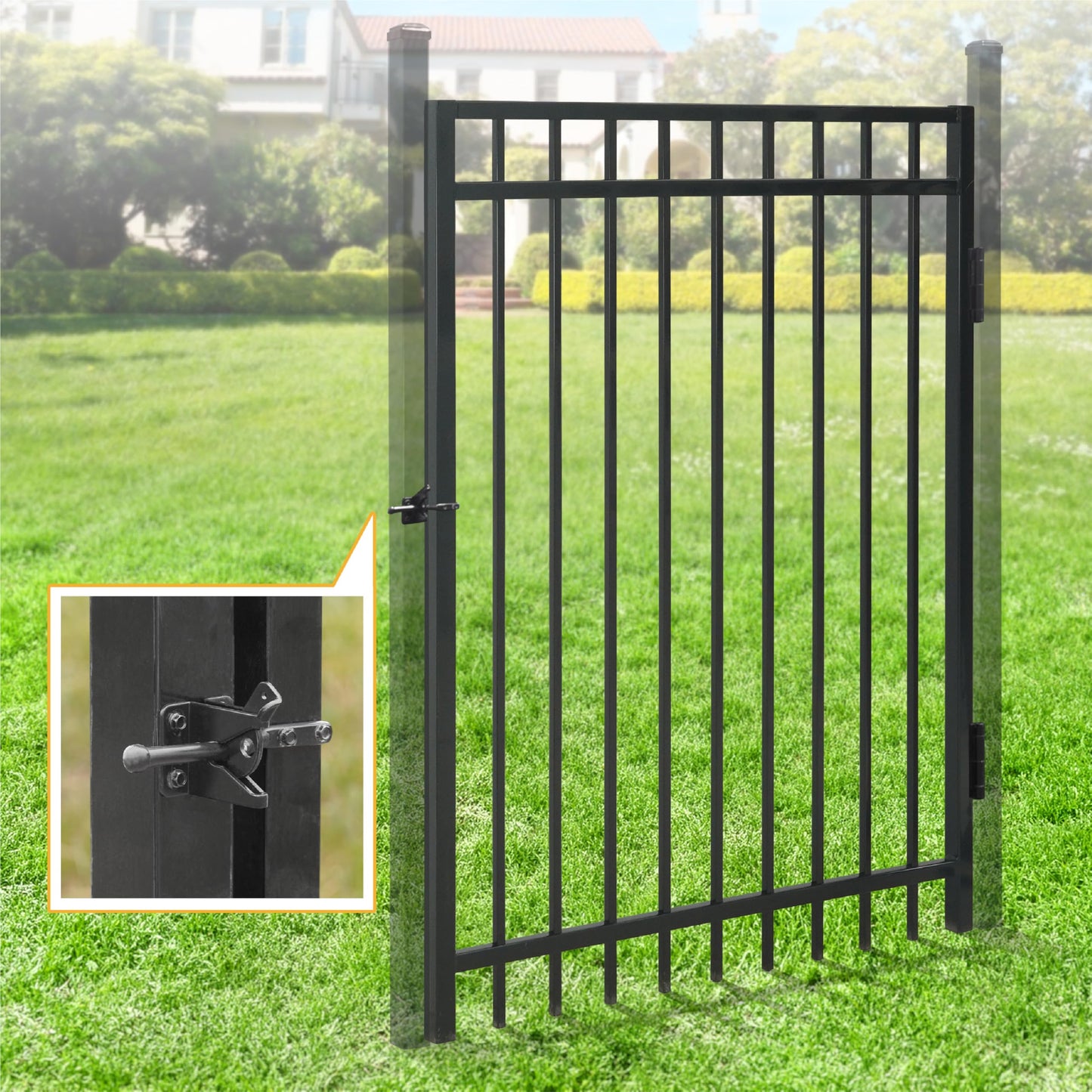 Fencer Wire Heavy Duty Flat Top Fence Gate, 5FT Height x 4FT Width Outdoor Fence Gate, Outdoor Anti-Rust Metal Steel Gate for Fencing Barrier, Decorative Garden Gate with Gate Lock