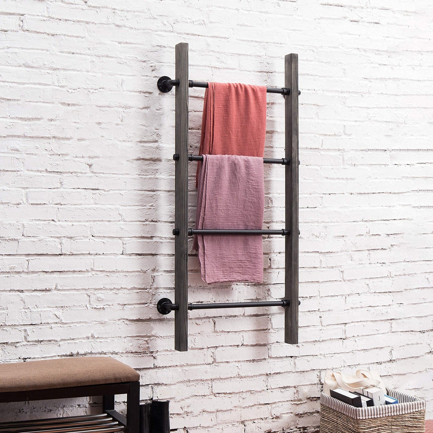 MyGift Wall-Leaning Rustic Gray with White Finish Wood Ladder-Style Blanket Rack Vintage Grey Wood & Industrial Metal Pipe Wall Mounted Ladder Rack, 46 Inch Towel Shelve