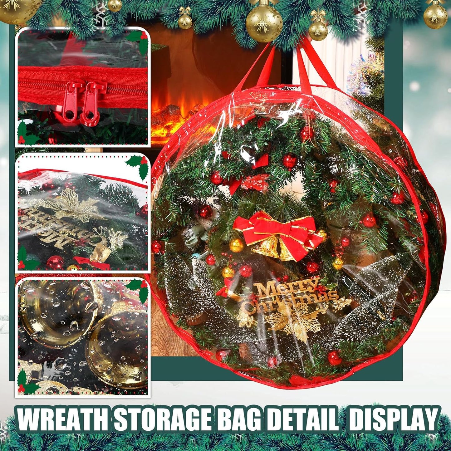 Shappy Christmas Wreath Storage Bag - 24-Inch Clear Container with Dual Zippers & Reinforced Handles | Red