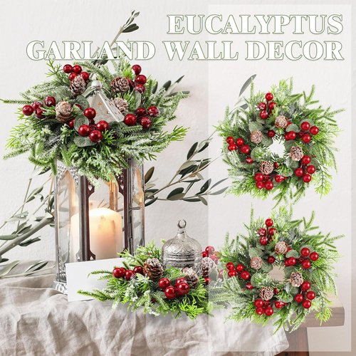 Lyrow Christmas Candle Rings - 6 Pcs Mini Wreaths with Artificial Berries & Snowy Pine | Festive Home Decor
