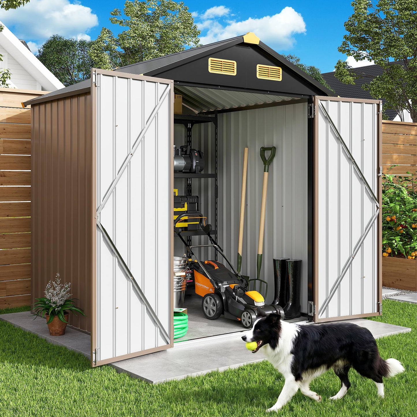 IRONCK 6×6 FT Shed, Galvanized Steel Tool Storage Shed with Lockable Double Doors & Ventilation, Outdoor Utility Storage for Wheelbarrow, Bikes, Yard Bins, Black Brown