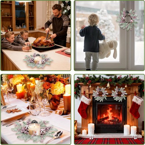 Christmas Candle Rings by [Brand Name] - 8" Small Wreaths with Pine Cones, Berries & Needles for Festive Table Decor