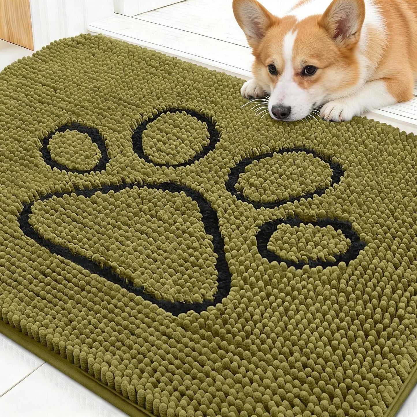 OLANLY Dog Door Mat - Absorbent Muddy Paws Doormat | Non-Slip Chenille, 30x20, Willow Green
