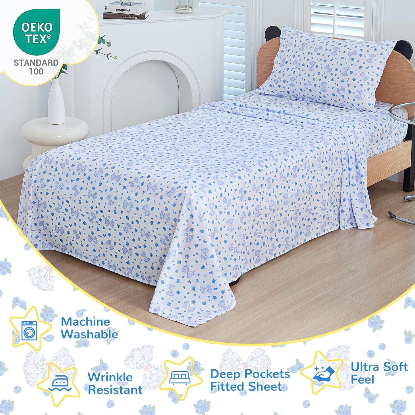 Viviland 3 Pieces Girls Blueberry Twin Sheet Set - Soft Microfiber Fitted Flat Sheets & Pillowcase - Blue Bow Blueberry Bedding Sets - for Kids & Toddlers