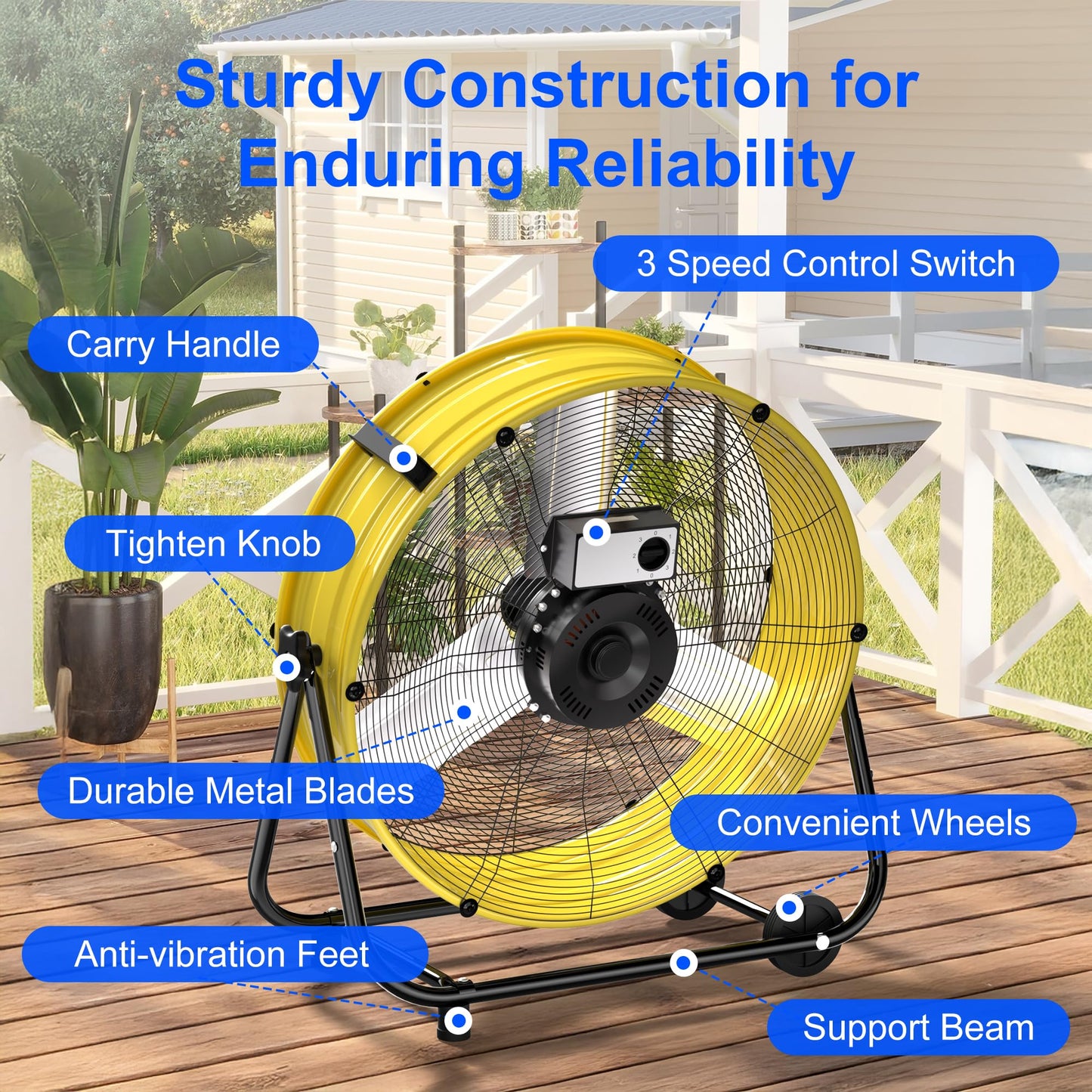 Uthfy 24 Inch High Velocity Industrial Fan, 8800CFM Heavy Duty Floor Drum Fan with 3 Speeds, 360° Tilt Metal Garage Fan with Wheels for Warehouse, Commercial, Workshop, Factory and Gym,Yellow