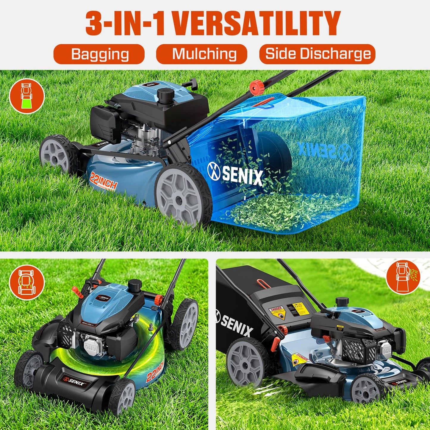 SENIX 22 Inch Gas Lawn Mower, 201cc 4-Cycle OHV Engine, Variable Speed Rear Wheel Self-Propelled Mower, 3-in-1 Mower with Bagging, Mulching & Side Discharge, 6-Positions Adjustable Cutting Height